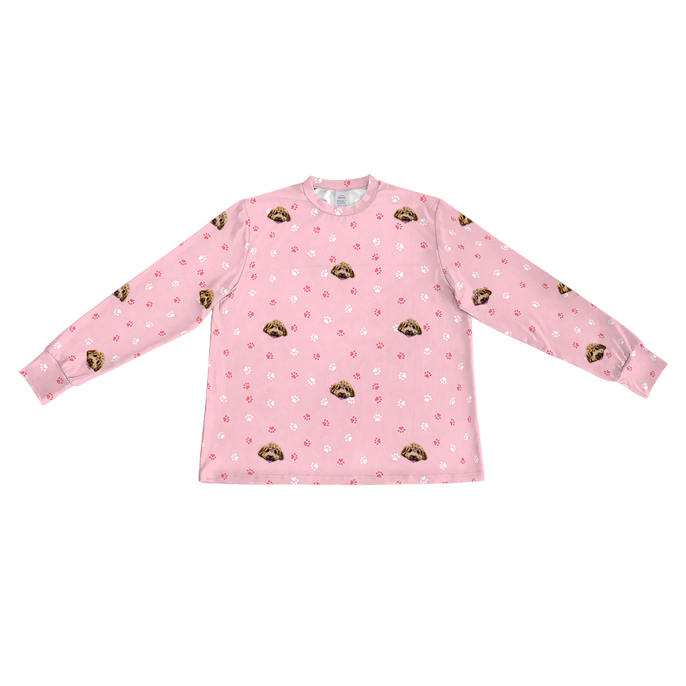 These are pajama long sleeve shirt in a pink color with repeating pet faces on them[LongSleevePajamaShirt]