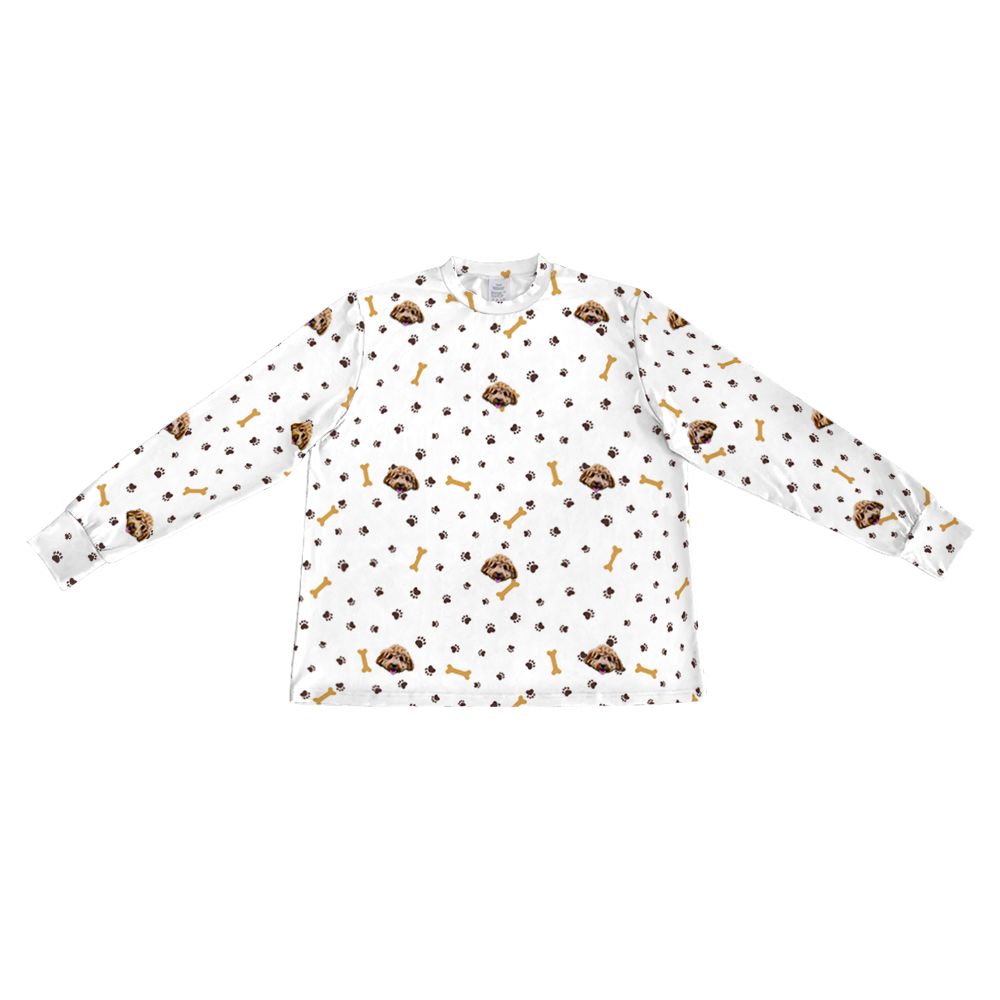 These are pajama long sleeve shirt in a white color with repeating pet faces on them[LongSleevePajamaShirt]