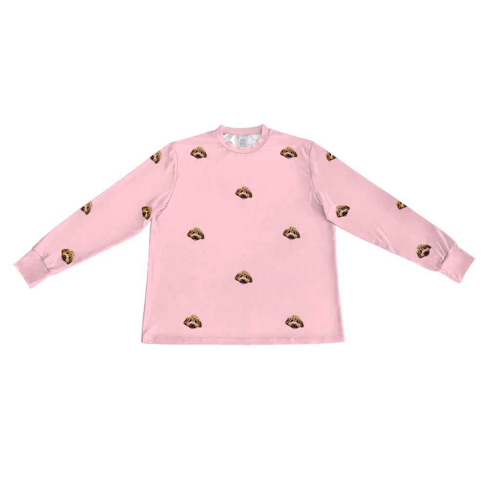 These are pajama long sleeve shirt in a pink color with repeating pet faces on them[LongSleevePajamaShirt]