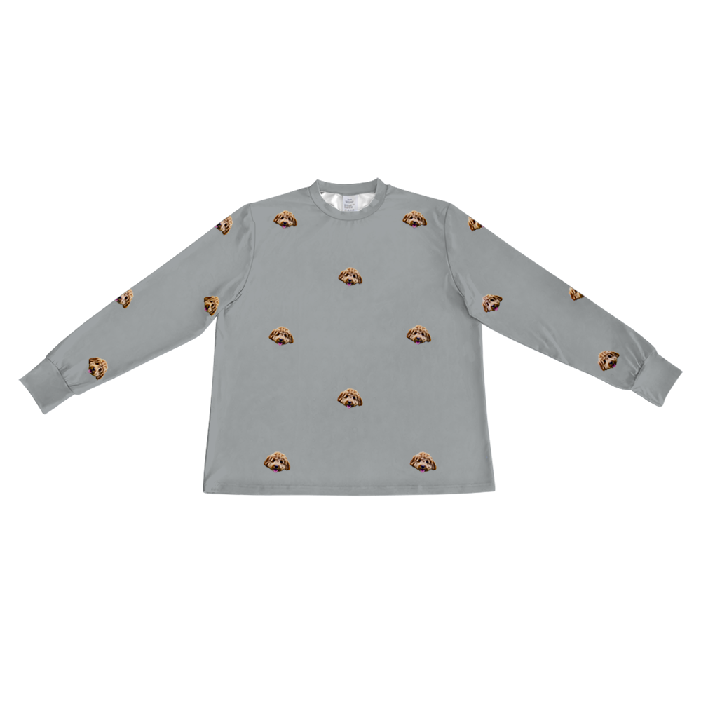 These are pajama long sleeve shirt in a gray color with repeating pet faces on them[SlateGrayLongSleevePajamaShirt]
