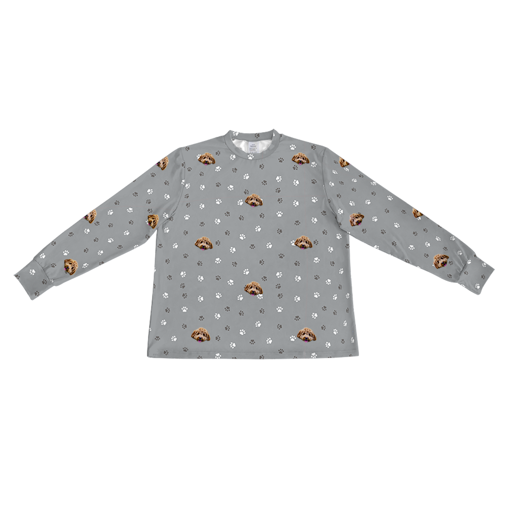 These are pajama long sleeve shirt in a gray color with repeating pet faces on them[LongSleevePajamaShirt]