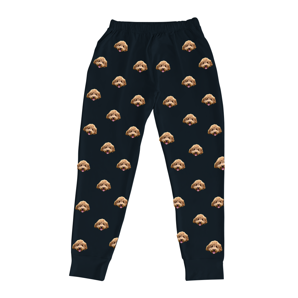 These are jogger pajama pants in a black color with repeating pet faces on them[JoggerPajamaPants]