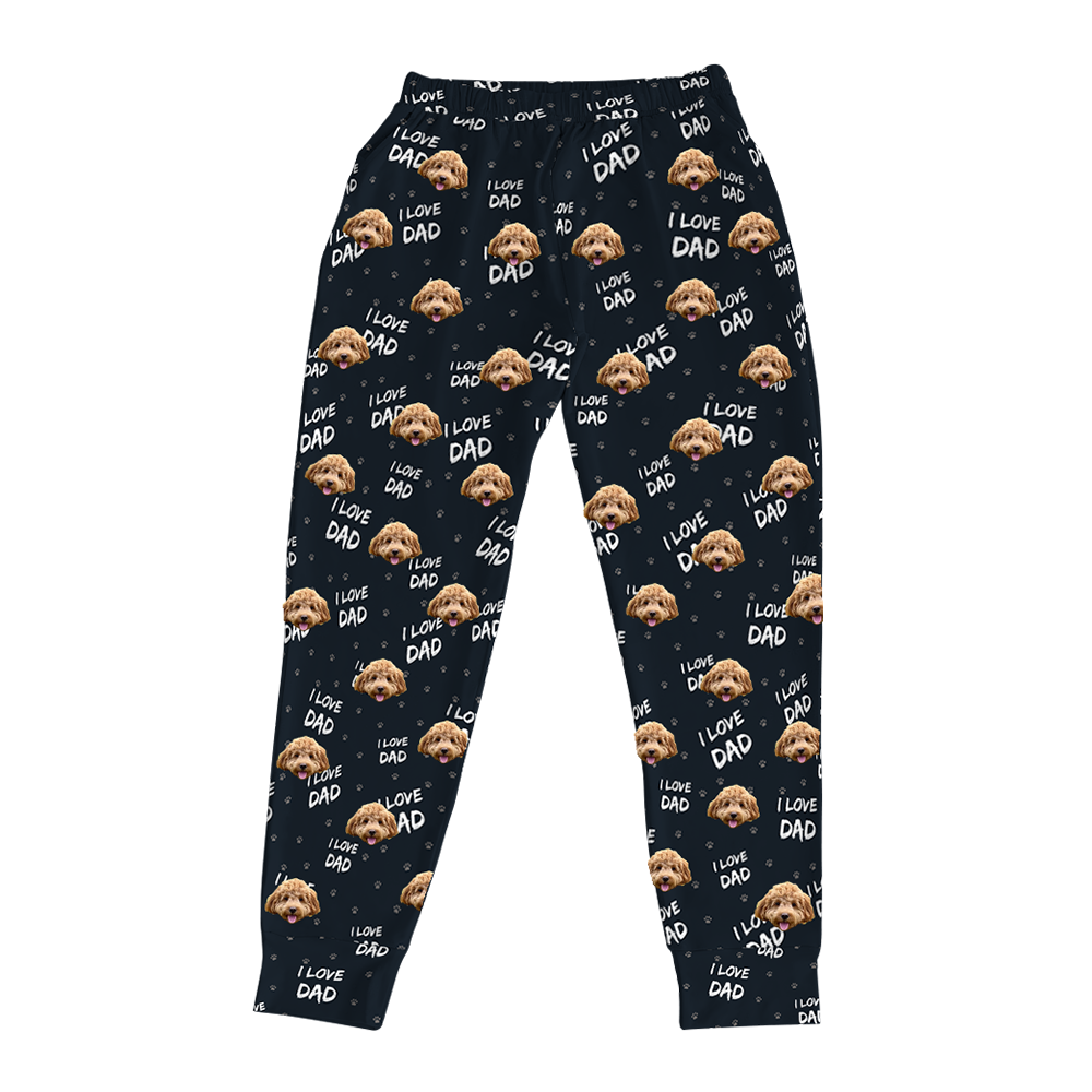 Black jogger pants with 'I Love Dad' and dog face pattern on a white background[JoggerPajamaPants]