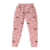 These are jogger pajama pants in a pink color with repeating pet faces on them[JoggerPajamaPants]