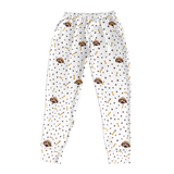 These are jogger pajama pants in a white color with repeating pet faces on them[JoggerPajamaPants]
