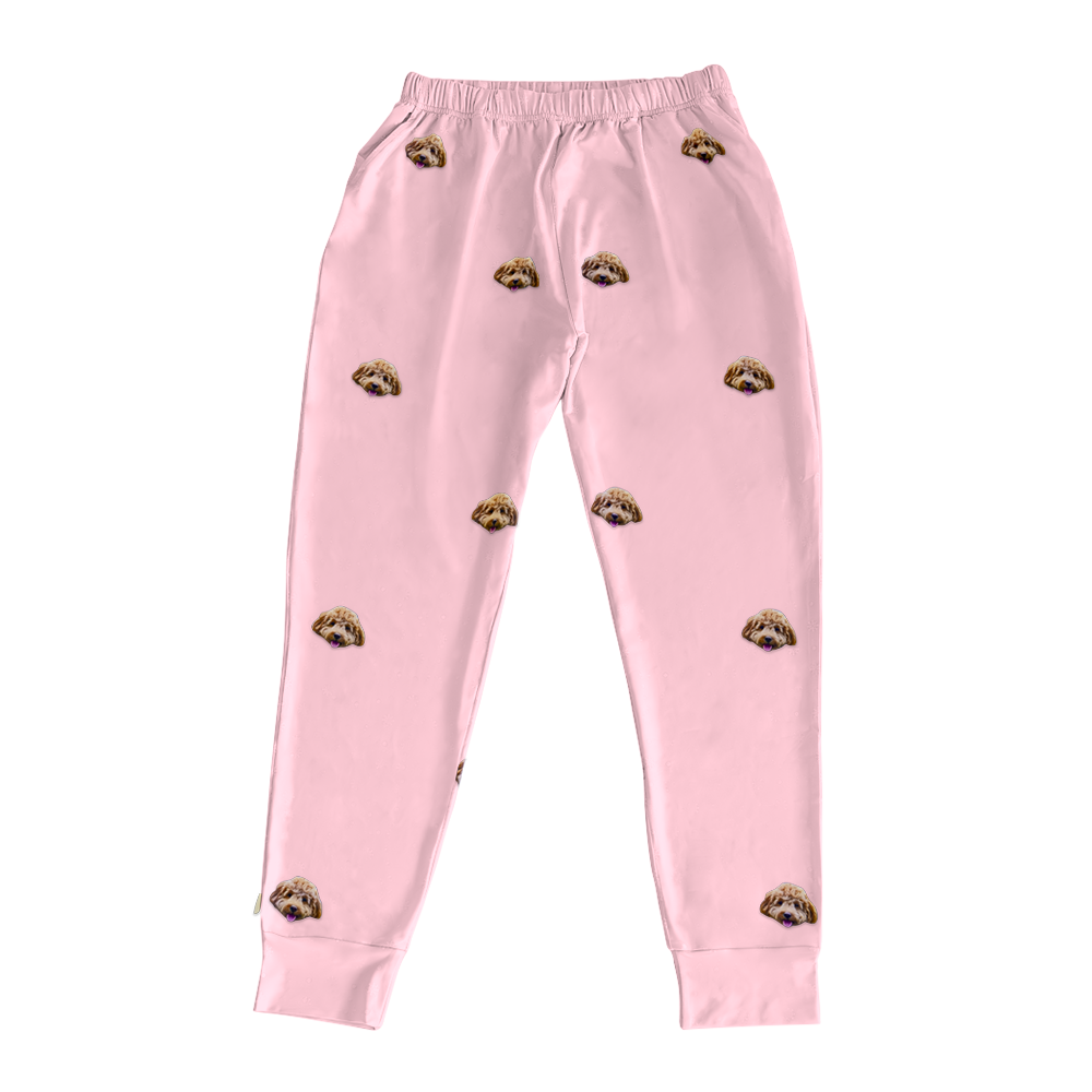 These are jogger pajama pants in a pink color with repeating pet faces on them[JoggerPajamaPants]