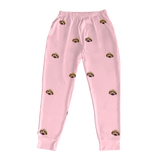 These are jogger pajama pants in a pink color with repeating pet faces on them[PinkDreamJoggerPajamaPants]