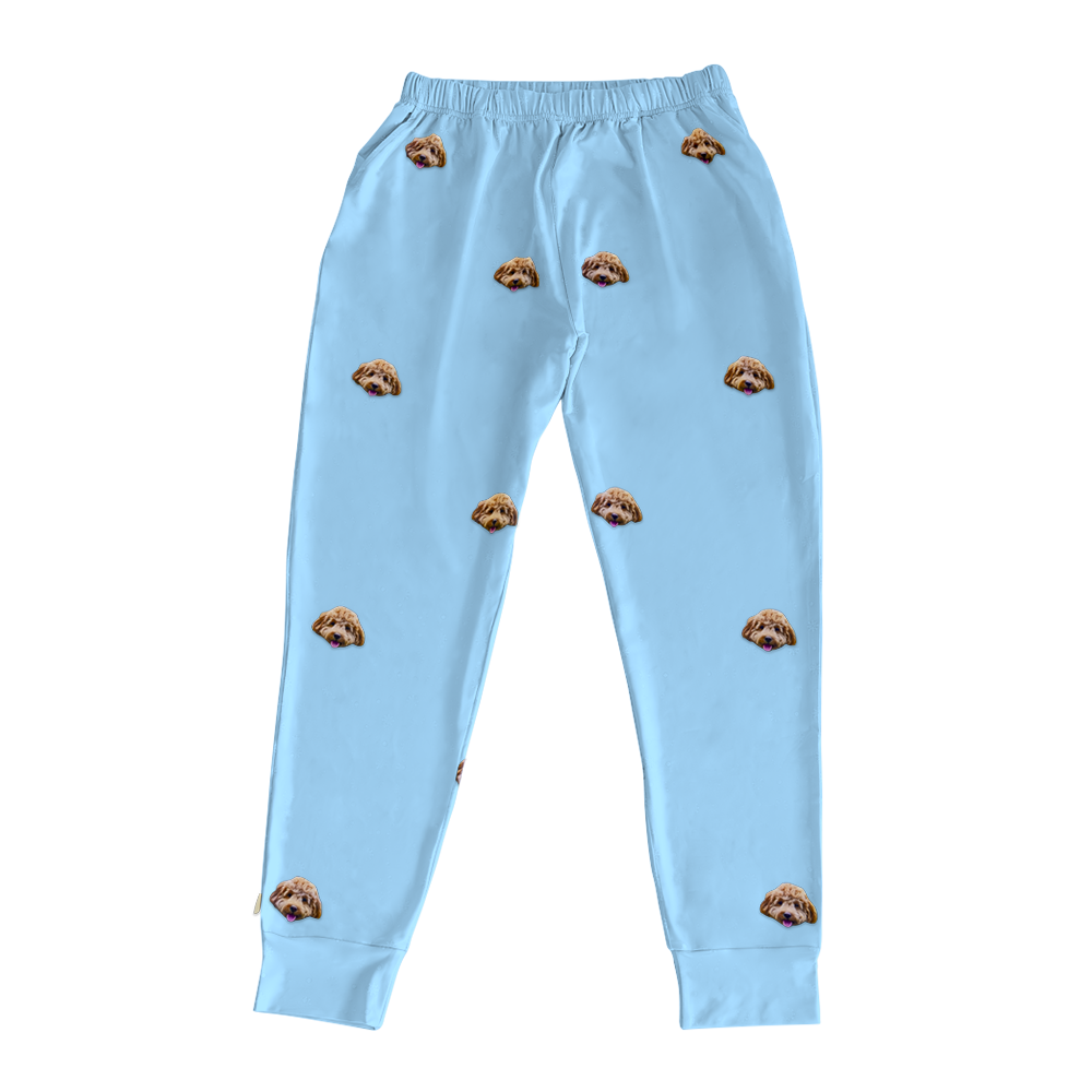 These are jogger pajama pants in a blue color with repeating pet faces on them[JoggerPajamaPants]