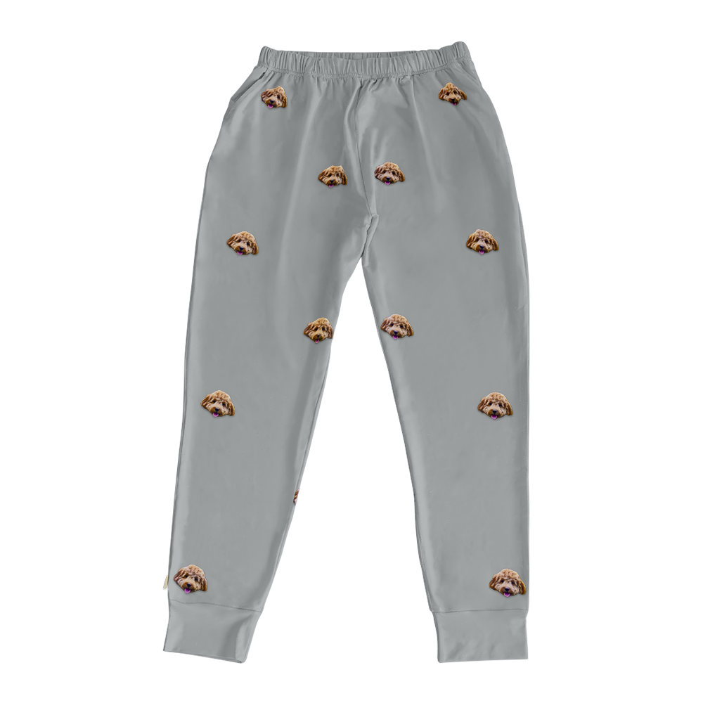 These are jogger pajama pants in a gray color with repeating pet faces on them[JoggerPajamaPants]