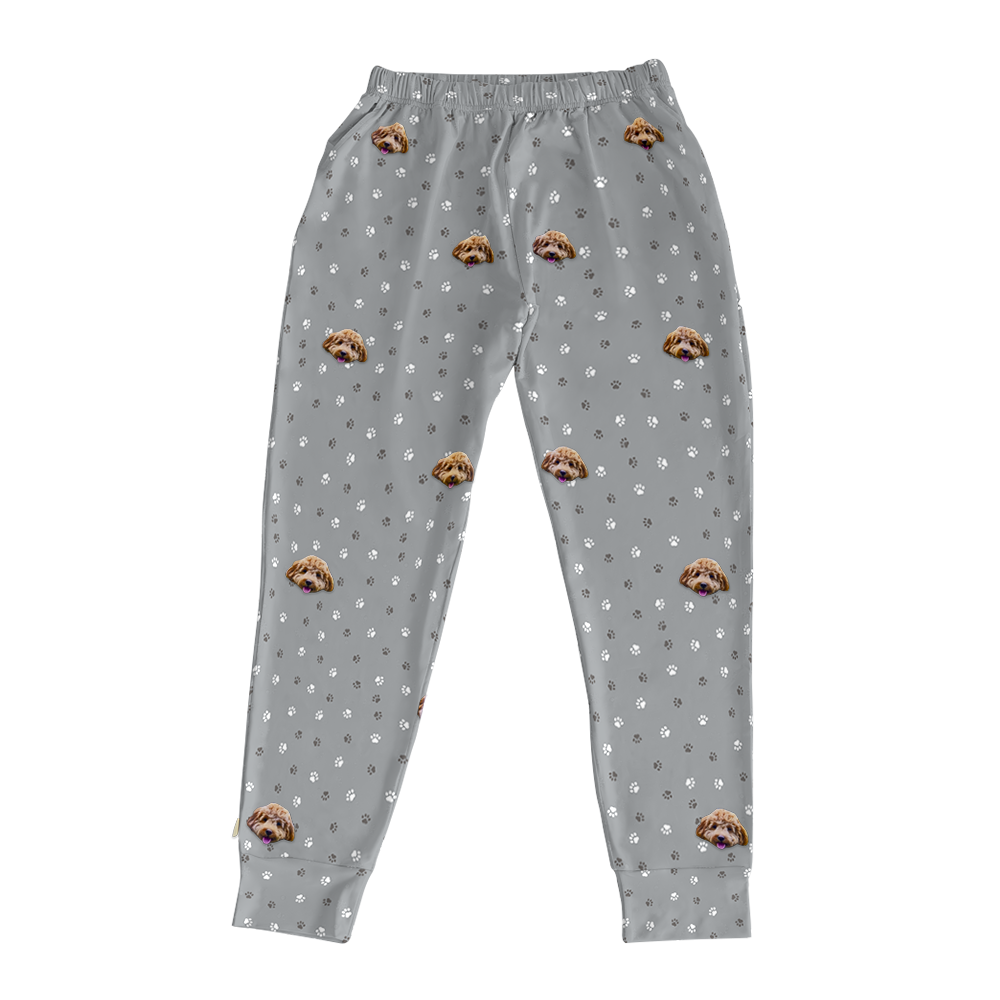 These are jogger pajama pants in a gray color with repeating pet faces on them[JoggerPajamaPants]