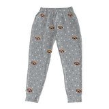 These are jogger pajama pants in a gray color with repeating pet faces on them[SlateGrayPawsJoggerPajamaPants]