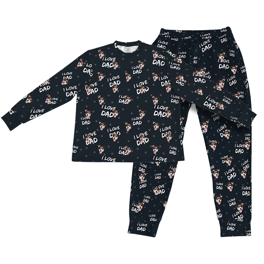 Black jogger pajama set with 'I love Dad' pattern on a white background[PajamaSet(Shirt&Joggers)]