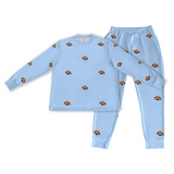This is a jogger pajama set contains a long sleeve shirt with buttons and a long pajama[SkyBluePajamaSet(Shirt&Joggers)]