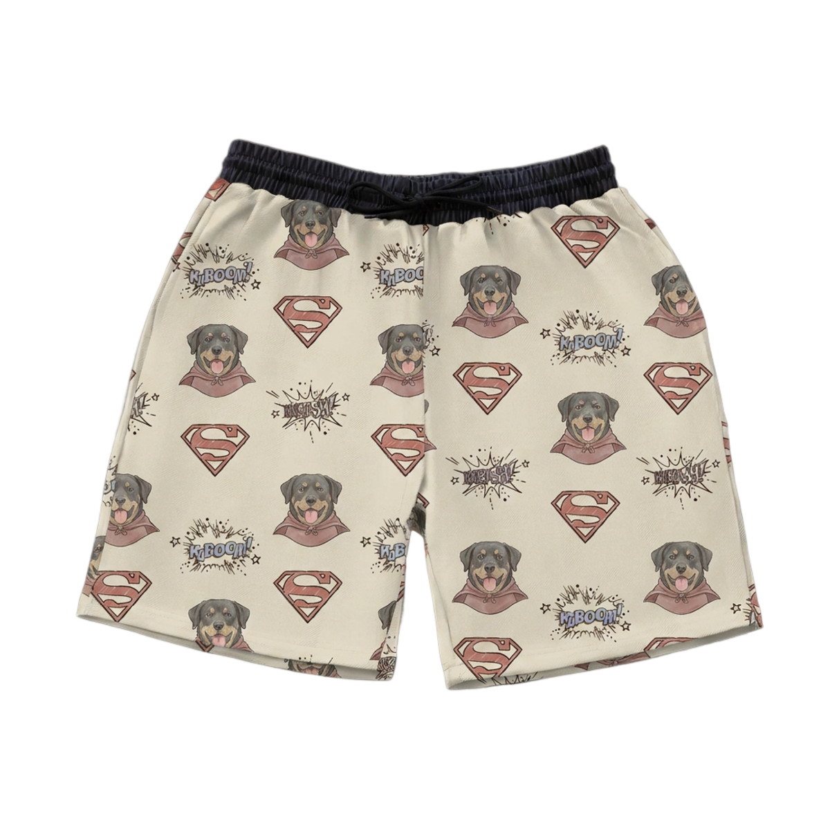 Superman-themed sweatshorts with character and logo patterns on a blue background[OriginalSupermanSketch]