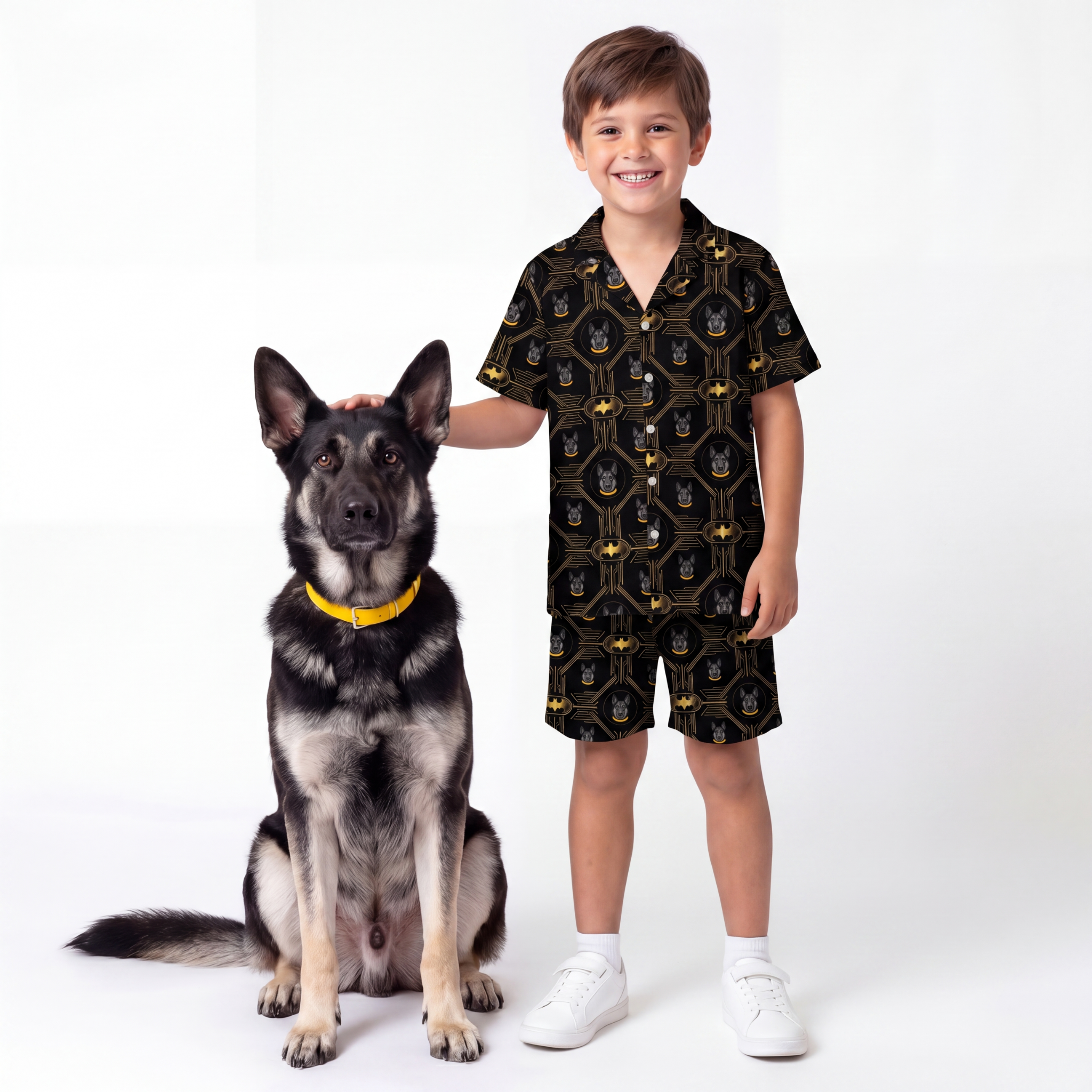 Child wearing a batman pajama set standing next to a dog on a white background