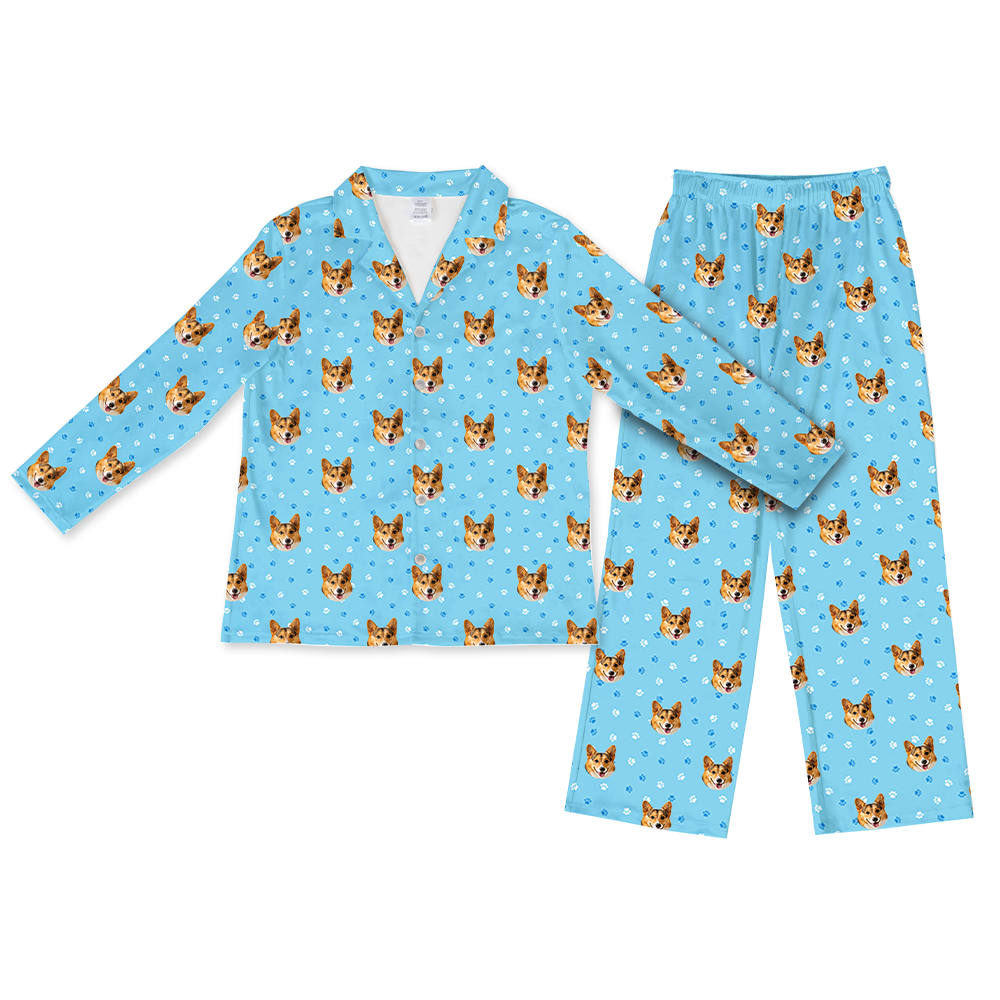 Light blue paws pajama set with dog pattern on a white background