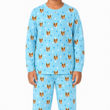 Light blue jogger pajama set with dog pattern on a white background