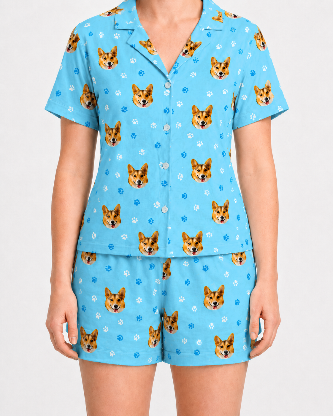 Adult Custom Pet Face Pajamas - Light Blue Paws