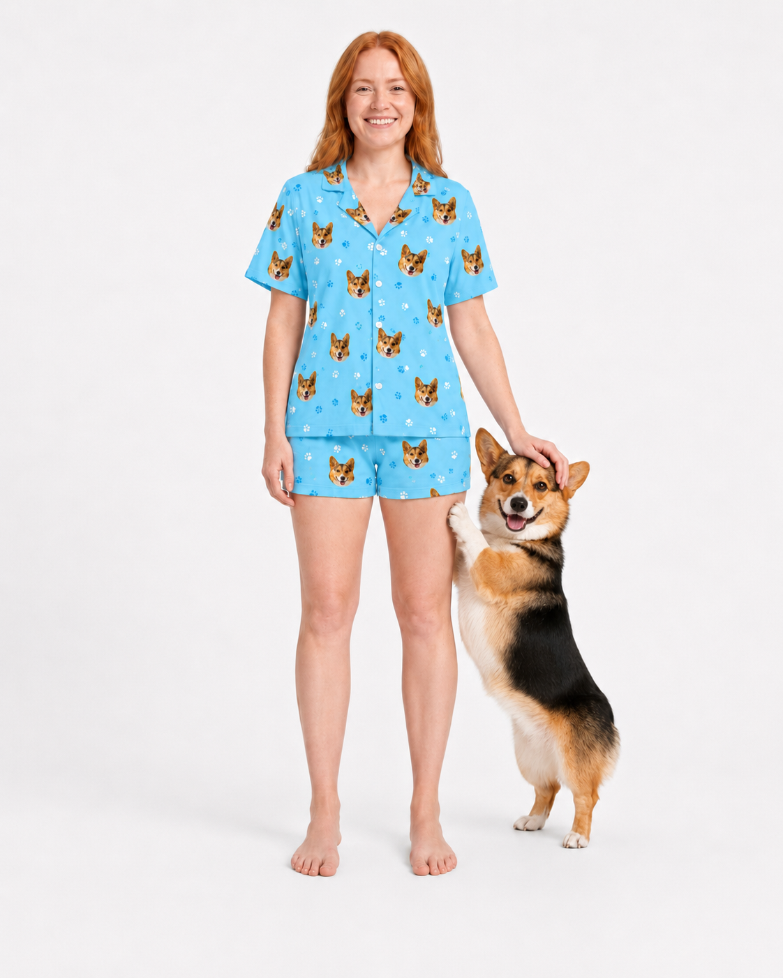 Adult Custom Pet Face Pajamas - Light Blue Paws