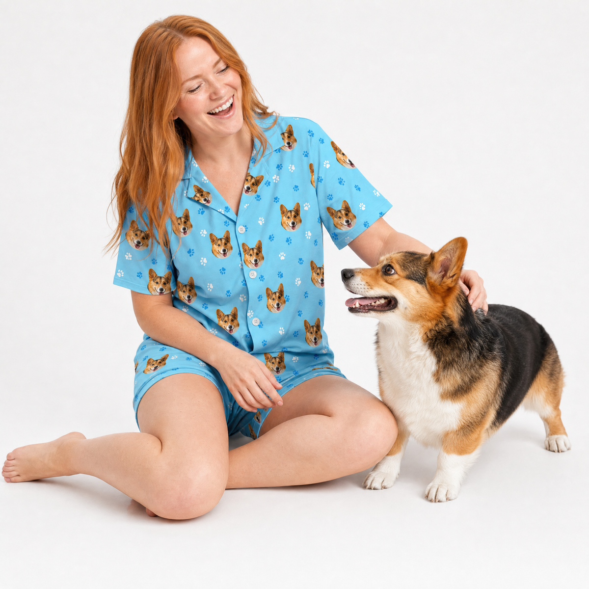Adult Custom Pet Face Pajamas - Light Blue Paws