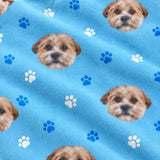 Close-up of the Light Blue Paws print showing custom pet faces and blue paw prints on a light blue fabric