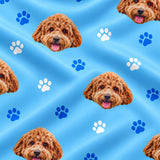 Close-up of the Light Blue Paws print showing custom pet faces and blue paw prints on a light blue fabric