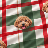Close-up of the Light Christmas Flannel print showing custom pet faces on a white, red and green flannel plaid fabric
