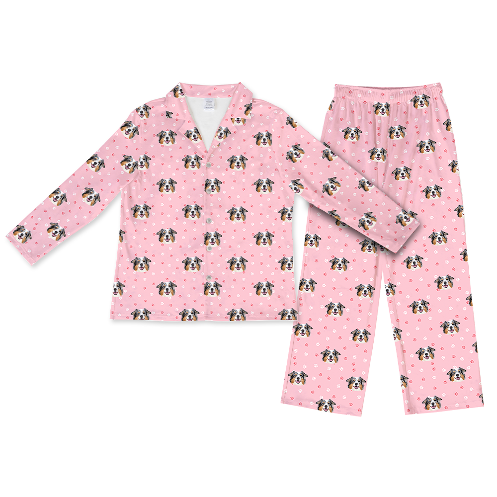 Light pink paws pajama set with dog pattern on a white background