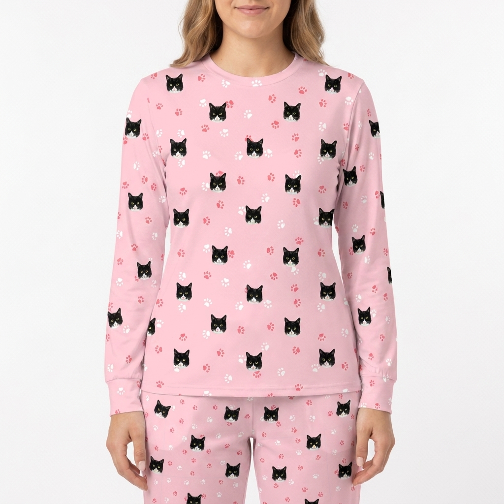 Person wearing pink jogger pajamas with black cat patterns on a white background