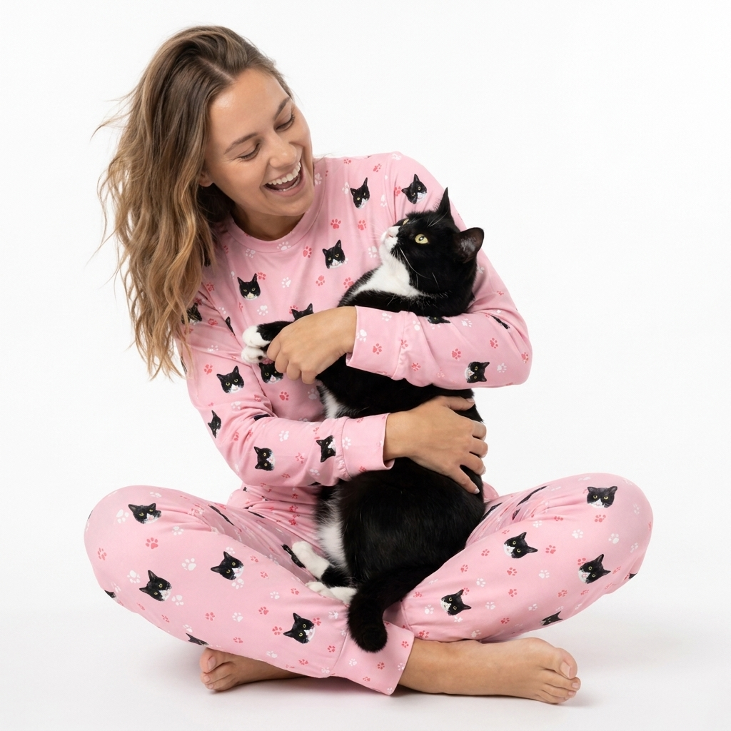 Woman wearing pink jogger pajamas with black cat patterns, holding a black and white cat on a white background