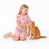 I love mom kids fleece blanket hoodie theme – child in pink dog‑print dress walking with golden retriever.