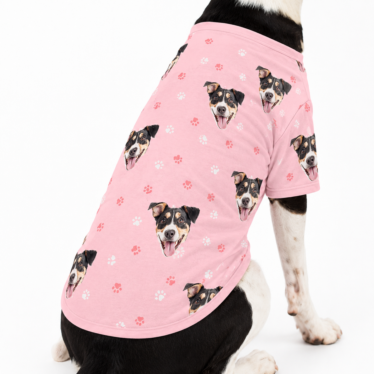 Dog wearing a light pink custom dog shirt with paw prints and a repeating dog face pattern.