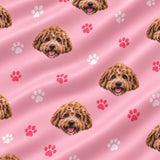 Close-up of the Light Pink Paws print showing custom pet faces and paw prints on a light pink fabric