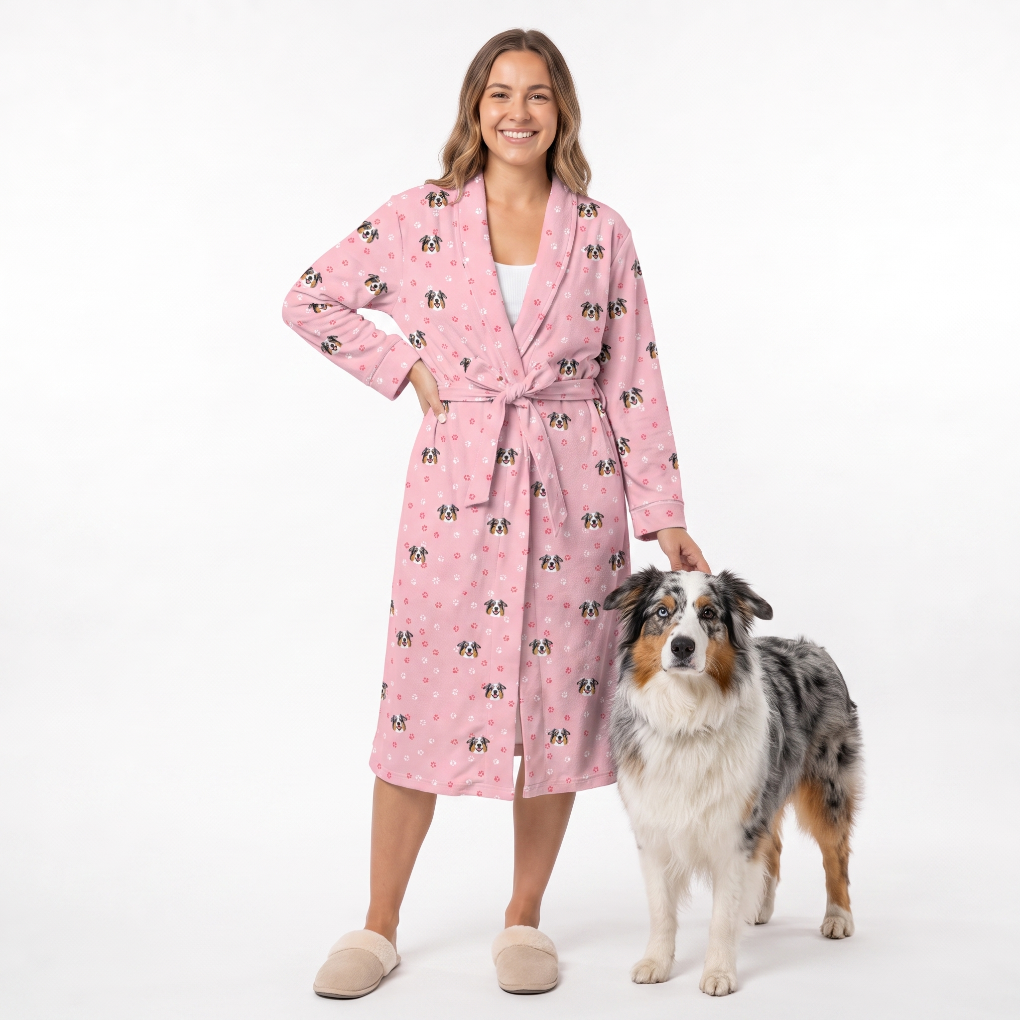 A woman wearing a pink long robe with a small dog print stands next to an Australian Shepherd dog on a white studio background. The robe features a tie waist and a pattern of small dogs and dots.