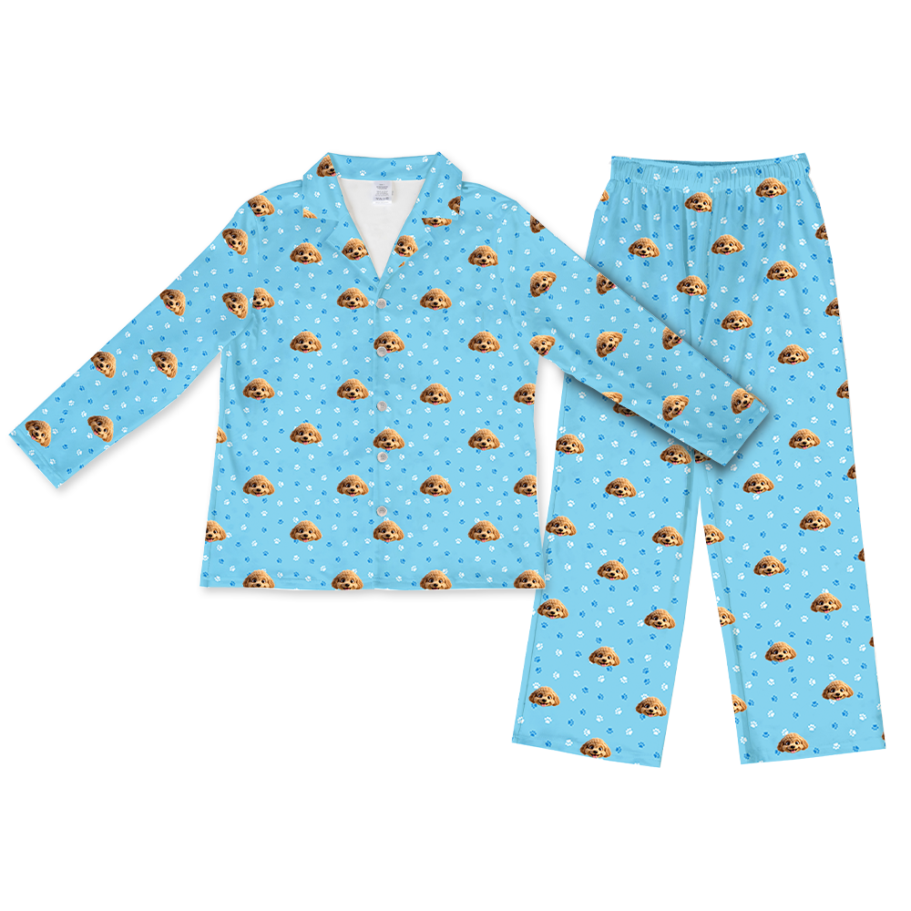 Children's pajama set with dog pattern on a blue background[LightBluePawsLongSleevePajamaShirt&PantsSet]