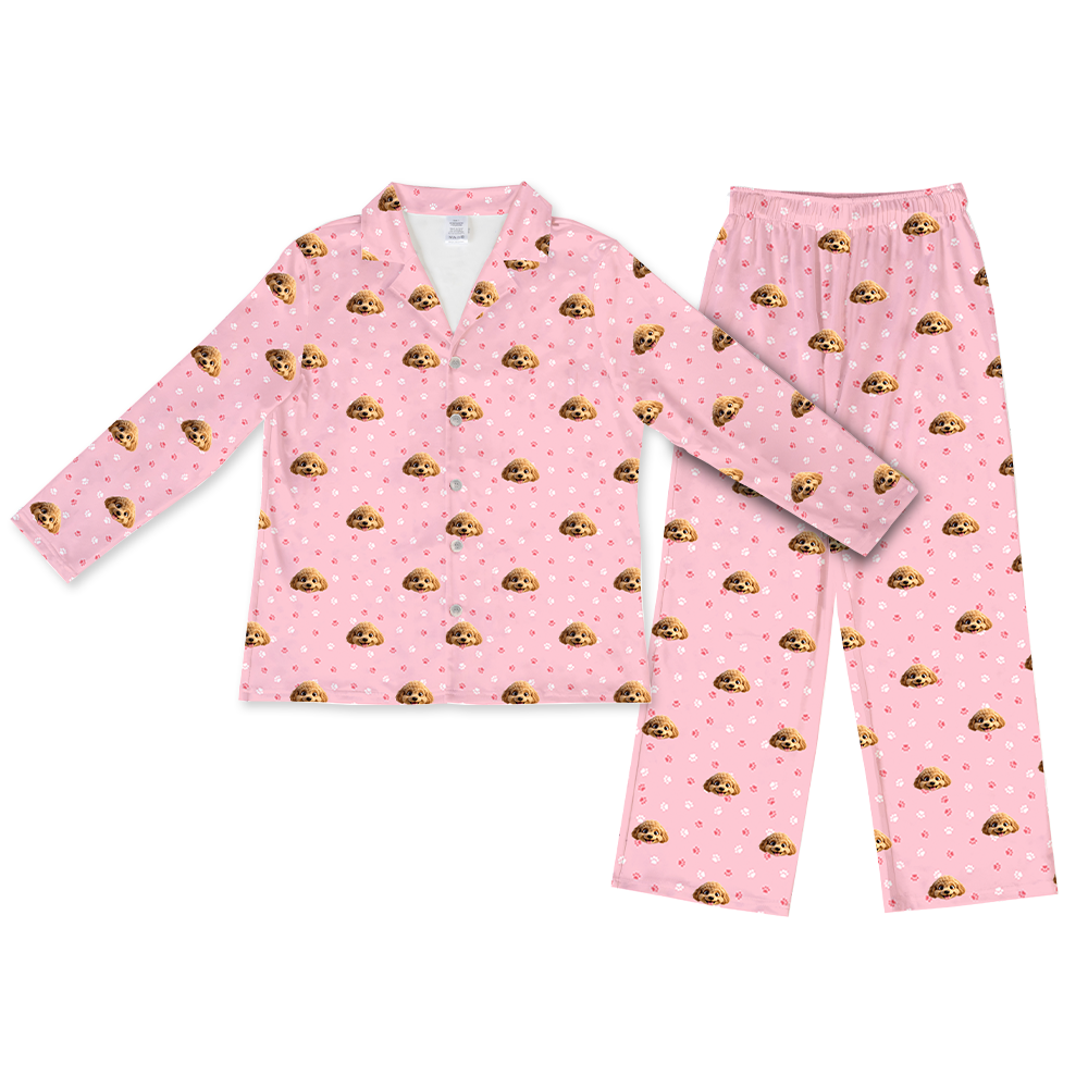 Children's pajama set with cartoon dog pattern on a light pink background[LightPinkPawsLongSleevePajamaShirt&PantsSet]