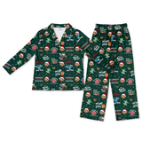 A two-piece pajama set featuring a long-sleeve button-up top and matching pants, both printed with a festive Christmas dog pattern on a dark green background.