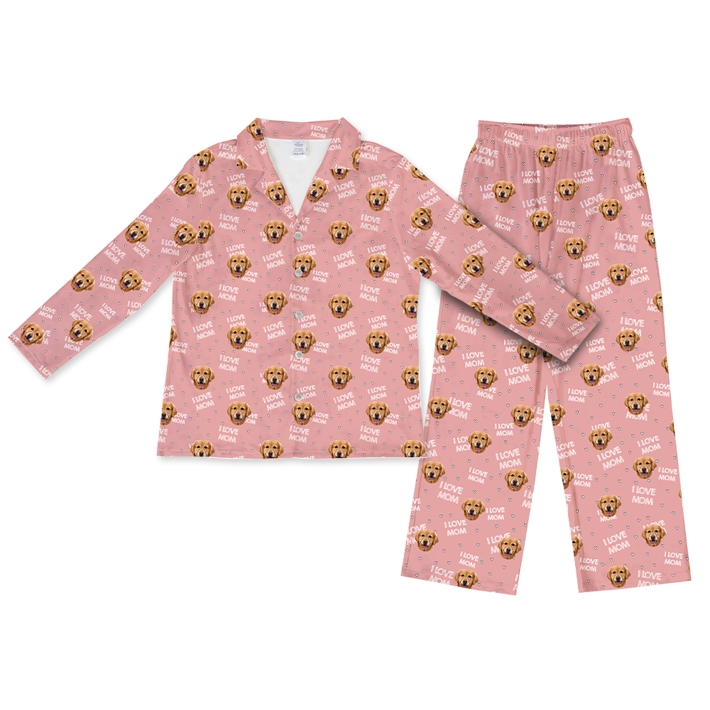 Pink pajama set with dog pattern on a white background
