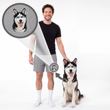 A man stands next to a husky dog on a white studio background, with a circular zoom-in graphic showing a custom dog portrait and arrows linking the man's leg area to the dog portrait.