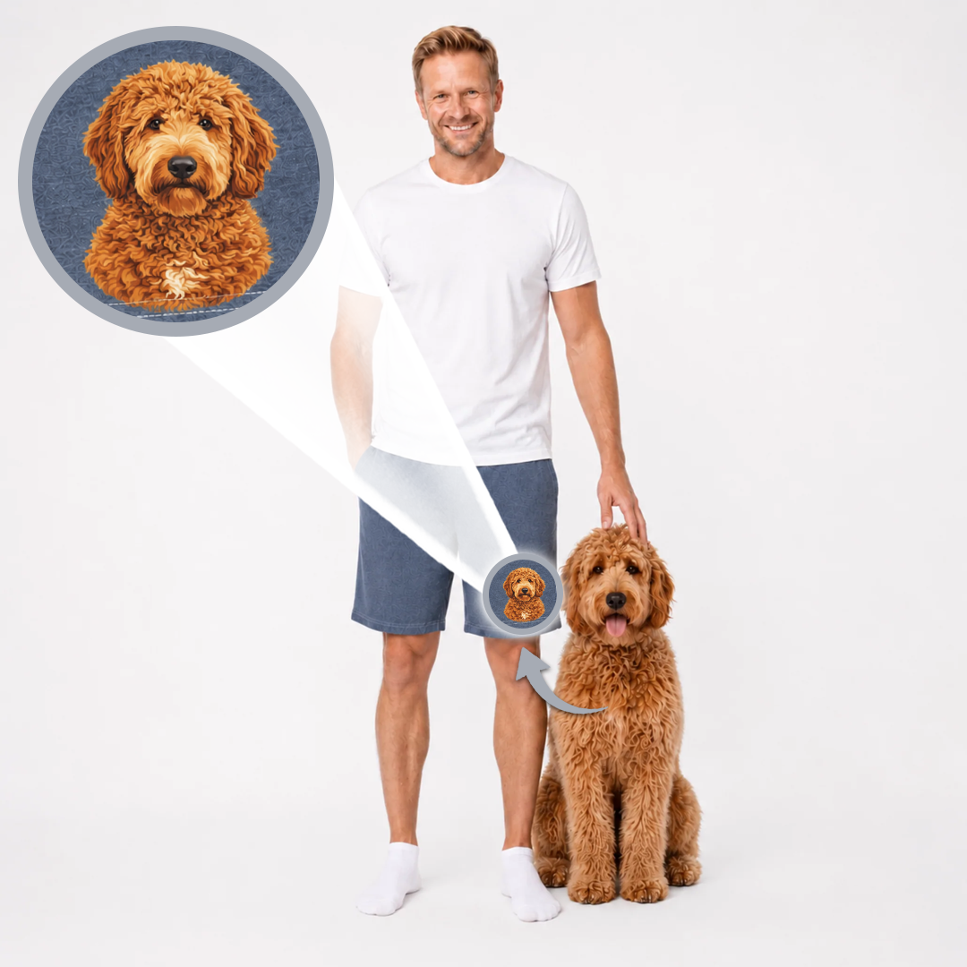 A man in a white t-shirt and blue shorts stands next to a brown curly-haired dog on a white studio background, with a circular inset showing a close-up of the dog's face and a beam pointing to the dog's collar area.