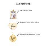 Three pet pendants with engraved text and pet portraits on a white background