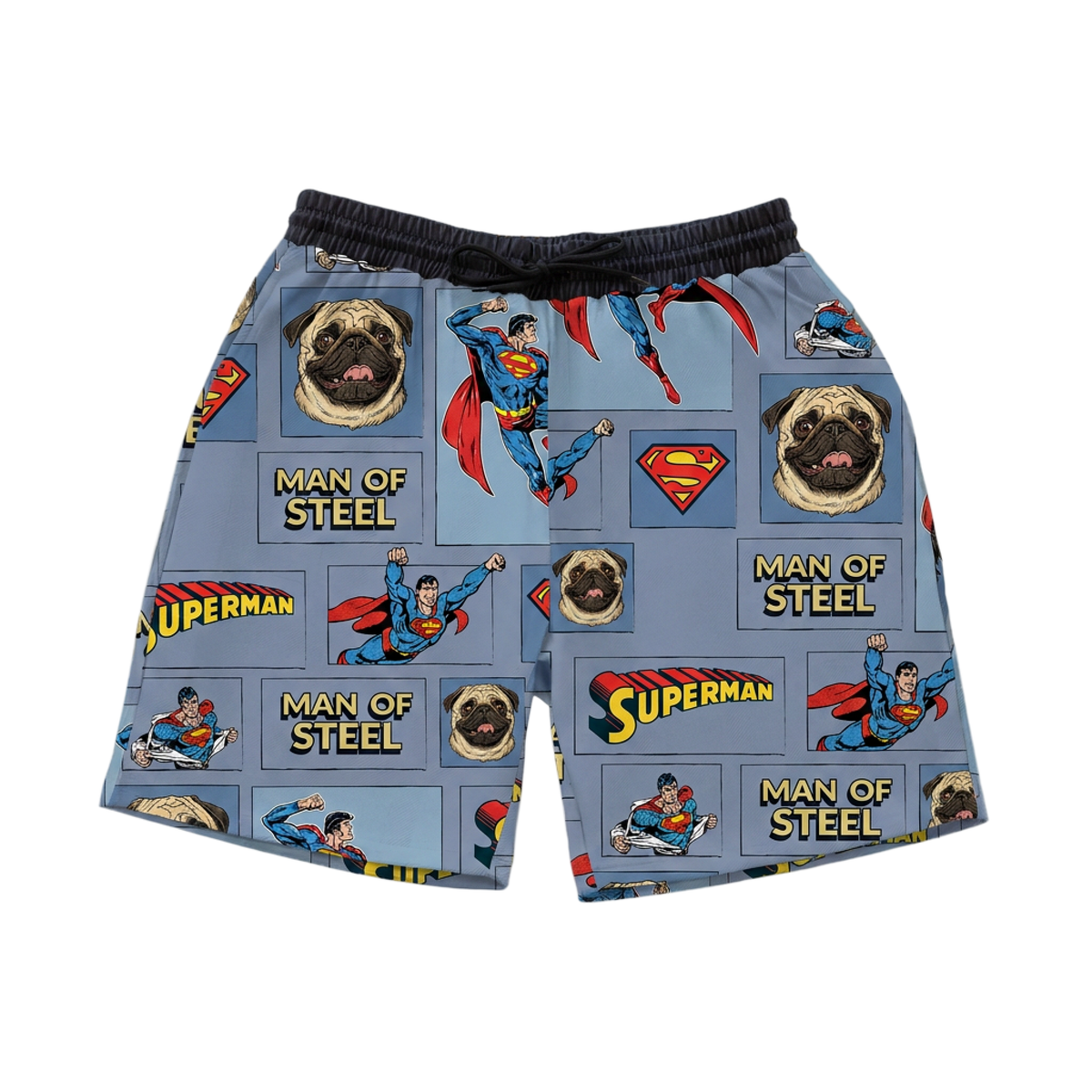 Superman-themed sweatshorts with character and logo patterns on a blue background[ManOfSteelComicBook]