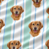Close-up of the Mint Stripes print showing custom pet faces on a white fabric with mint and blue stripes