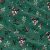 Close-up of the Mistletoe print showing custom pet faces with mistletoe sprigs and red berries on a green fabric