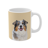 Mug with a dog's face printed on a beige background [ButterYellowImageCutOut]