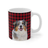 Custom 11oz ceramic mug with an Australian Shepherd photo cutout portrait on a red and black buffalo plaid background[BuffaloPlaidImageCutOut]