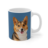 Custom 11oz ceramic mug with a corgi photo cutout portrait on a solid blue background[SolidBlueImageCutOut]