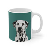 Custom 11oz ceramic mug with a Dalmatian photo cutout portrait on a solid green background[SolidGreenImageCutOut]