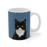 Custom 11oz ceramic mug with a tuxedo cat photo cutout portrait on a blue background with gold and white Stars of David[StarofDavidImageCutOut]