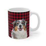 Custom 11oz ceramic mug with an Australian Shepherd hand illustration portrait on a red and black buffalo plaid background[BuffaloPlaidHandIllustration]